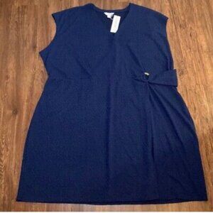 (k23) Navy Liz Claiborne Faux Wrap Cap Sleeve Embossed Textured Midi Dress 3X